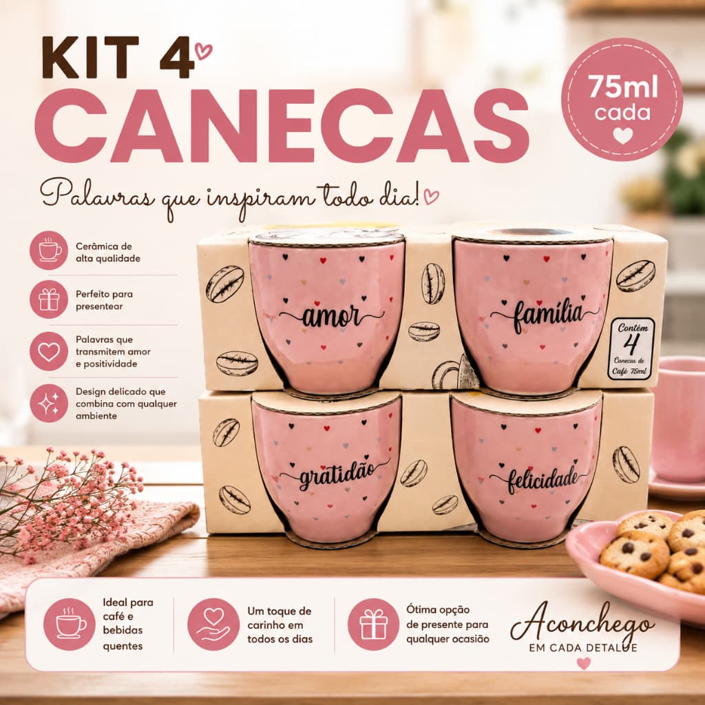 Kit 4 Canecas de Cerâmica 75ml com Frases Motivacionais para Café e Chá