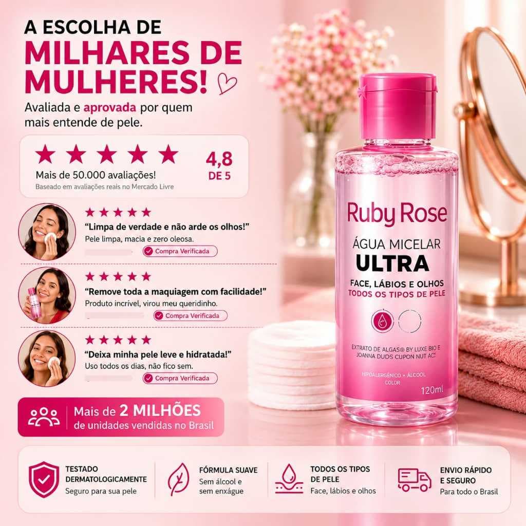 Água Micelar Ruby Rose Demaquilante Limpeza Facial Higieniza e Remove Impurezas