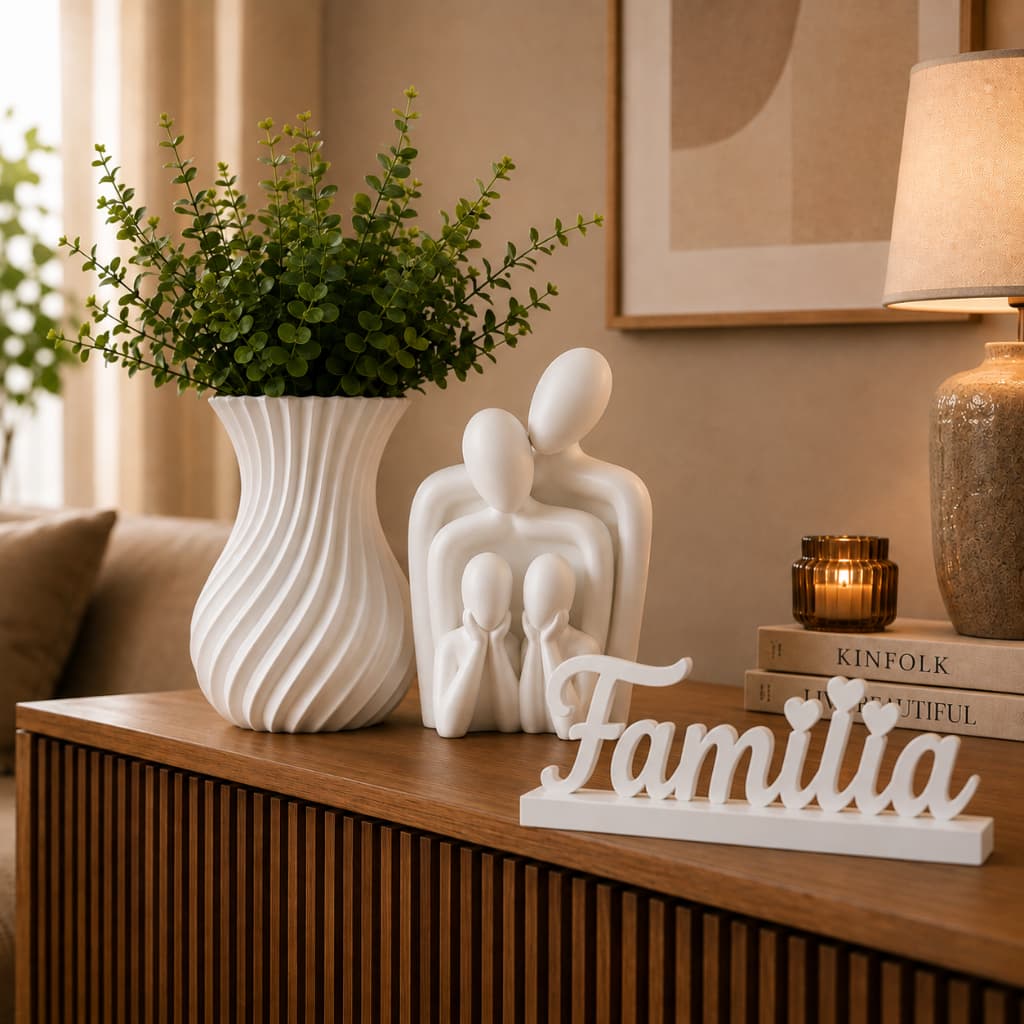 Kit Escultura Família Decorativa + Vaso Espiral e Letreiro para Sala Moderno Decoração Minimalista