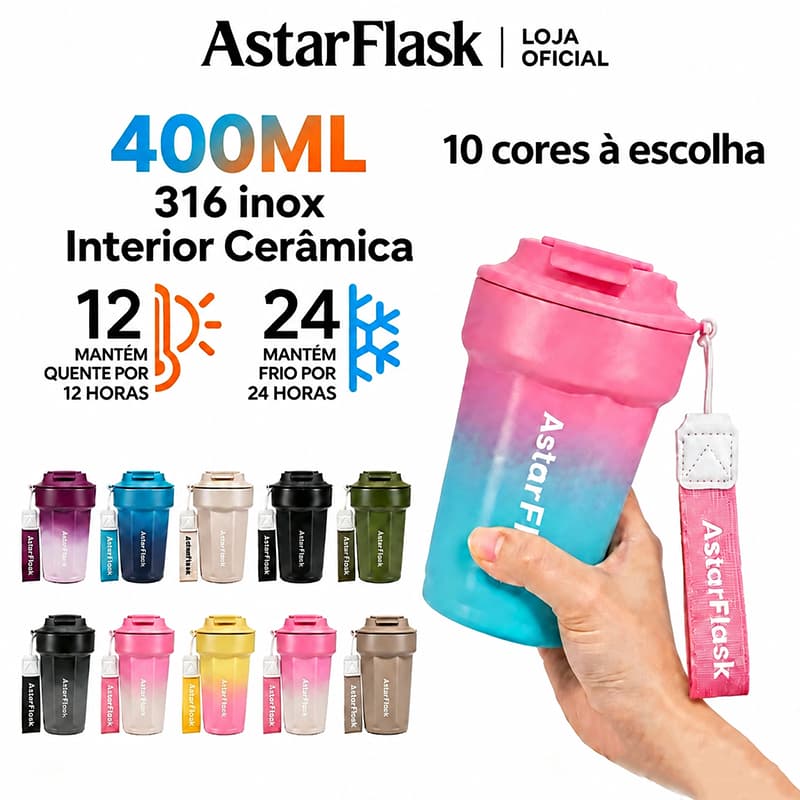 AstarFlask Garrafa De Agua Termica  400ml 316 inox Copo Portátil  Interior Cerâmica Quente/Frio Antivazamento