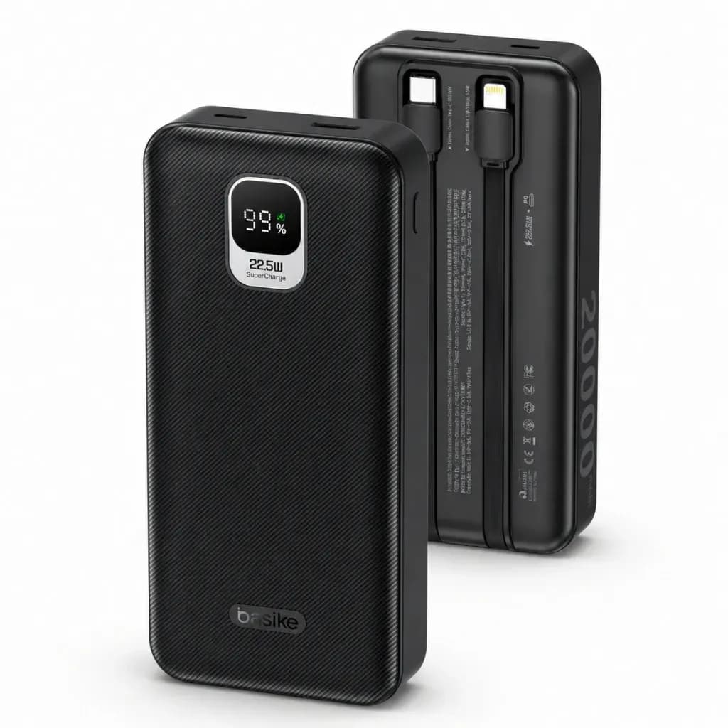 Power Bank Basike 20000mAh Com Cabos Integrados Para iPhone e Android