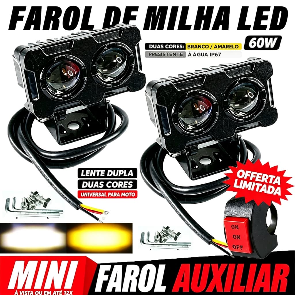 Par Farol De Milha LED 60W Lente Dupla Duas Cores Branco Amarelo Para Moto Universal Com Suporte e Interruptor