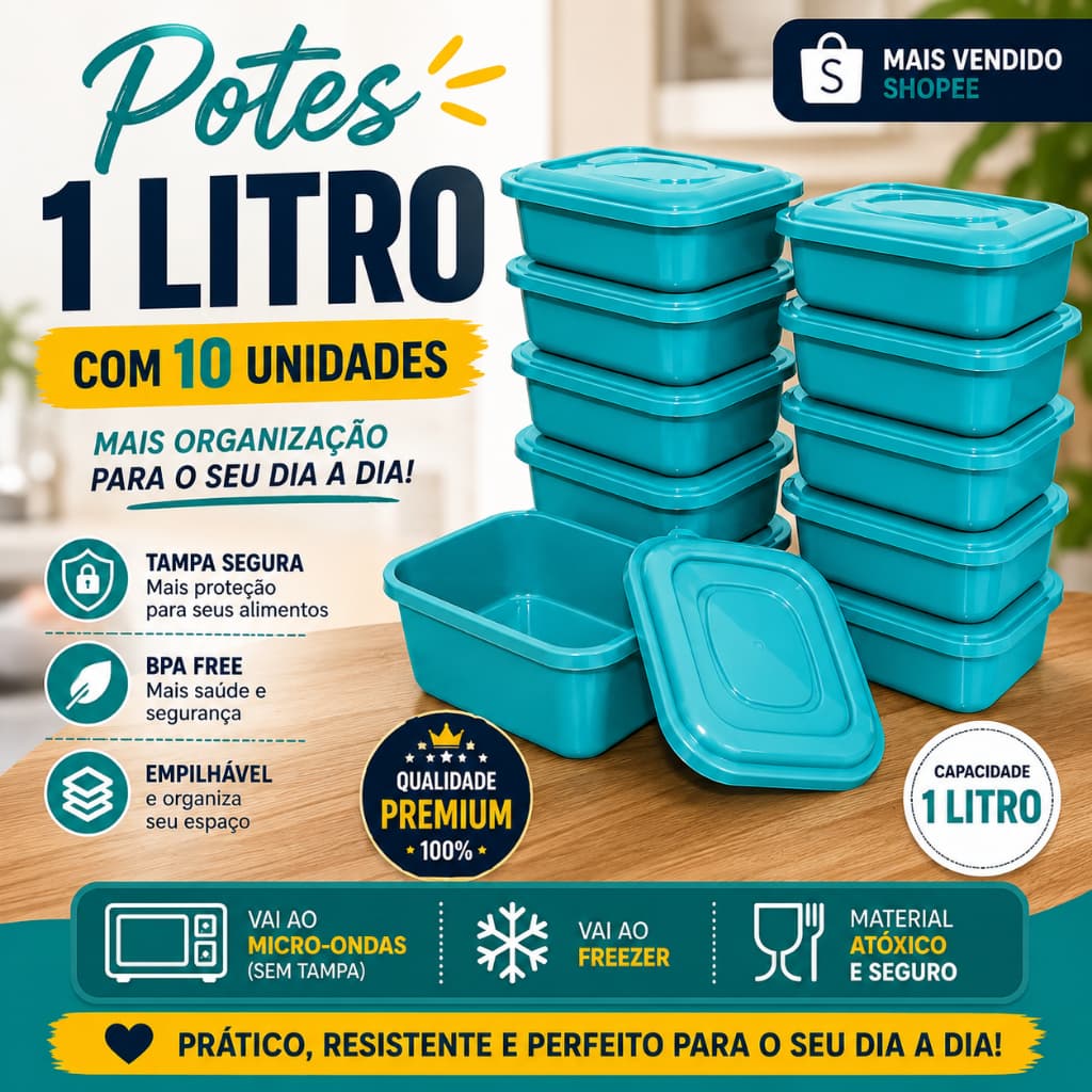 Kit 10 Potes Plásticos 1 Litro Tampa Colorida Empilhável para Mantimentos Cozinha