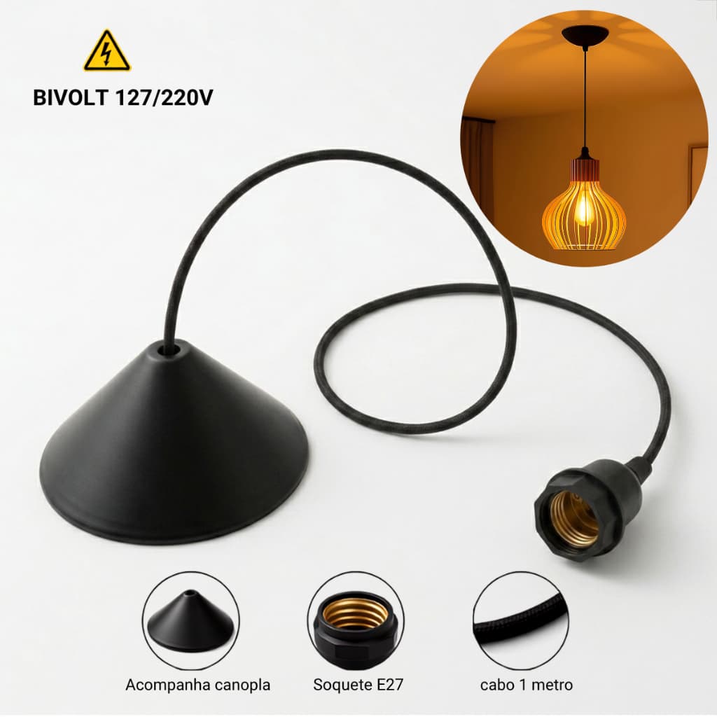 Fiação Rabicho para Lustre com Canopla e Soquete E27 Bivolt