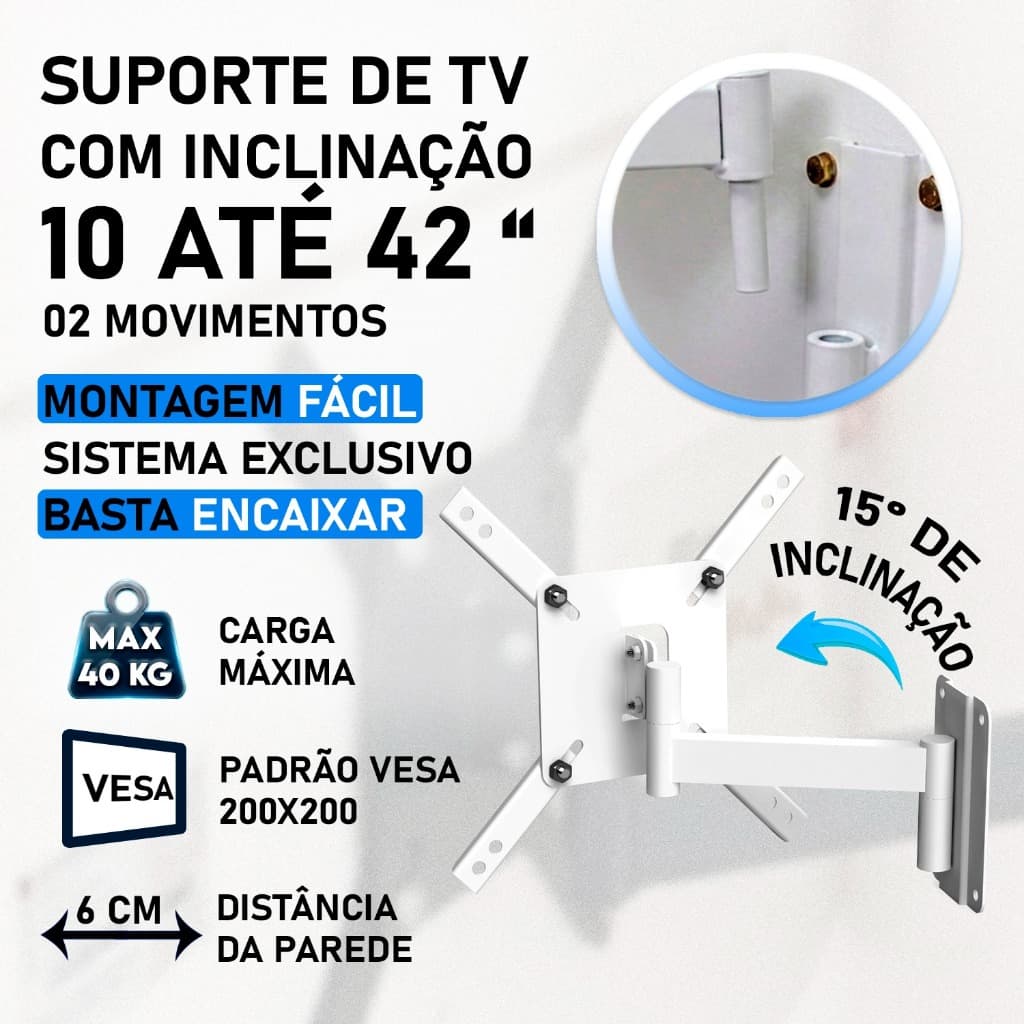 SUPORTE TV 10 20 30 42 POLEGADAS VESA 200X200 PAREDE ARTICULADO 3 MOVIMENTOS BRANCO