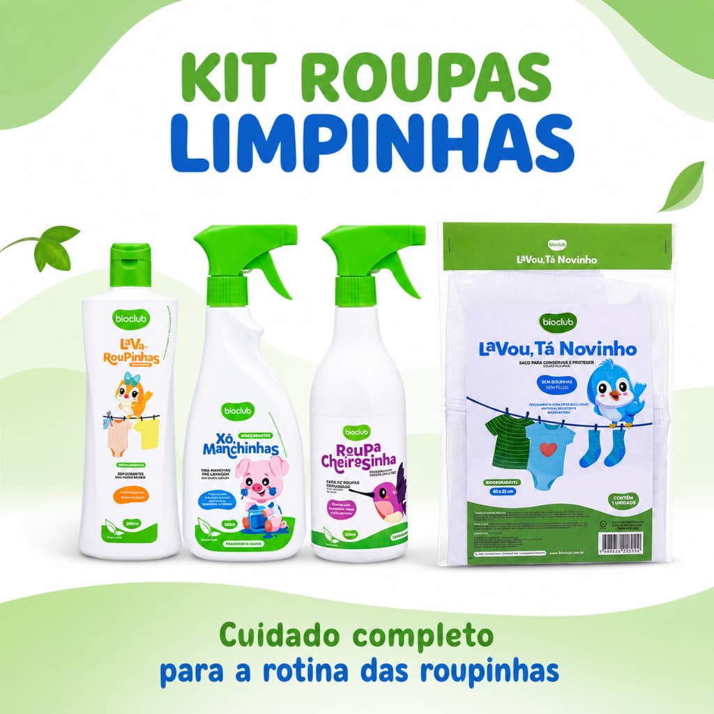 Kit Roupinhas Limpinhas Bioclub com Lava Roupinhas Xô Manchinhas Roupa Cheirosinha e Lavou Tá Novinho