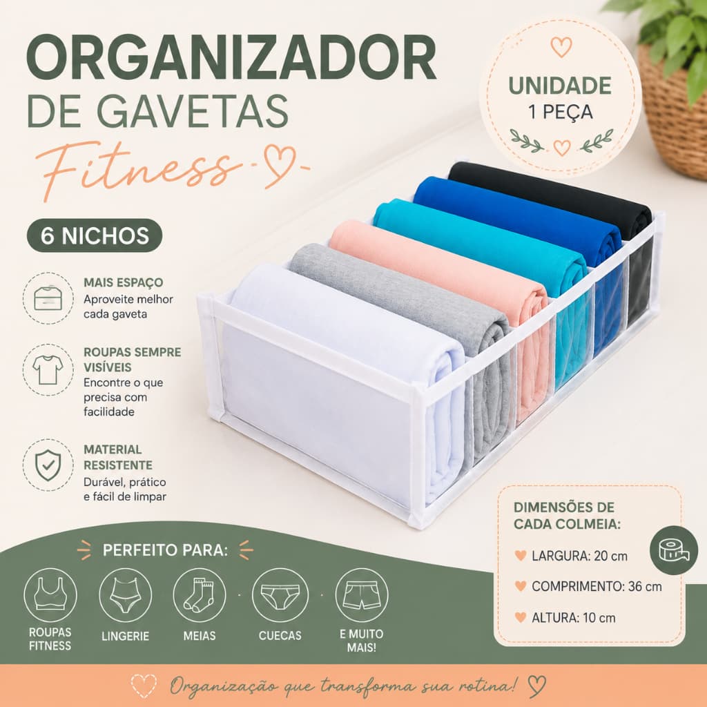 Organizador De Gavetas Colmeia Fitness Br 6 Nichos Un 20x36x10