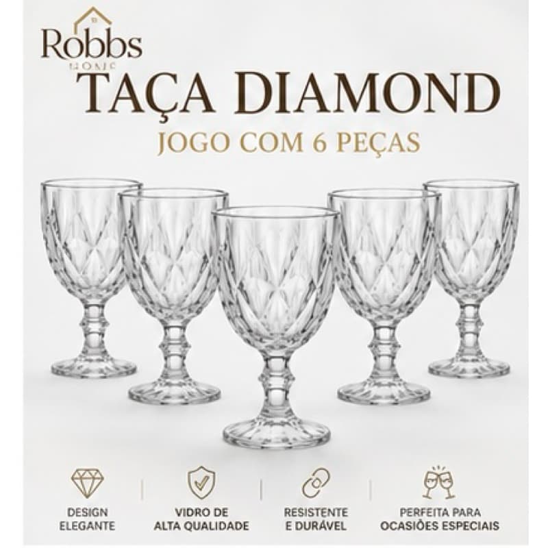 Jogo de 6 Taças Diamond 340ml de Vidro Transparente – Taças para Água, Suco, Vinho e Mesa Posta