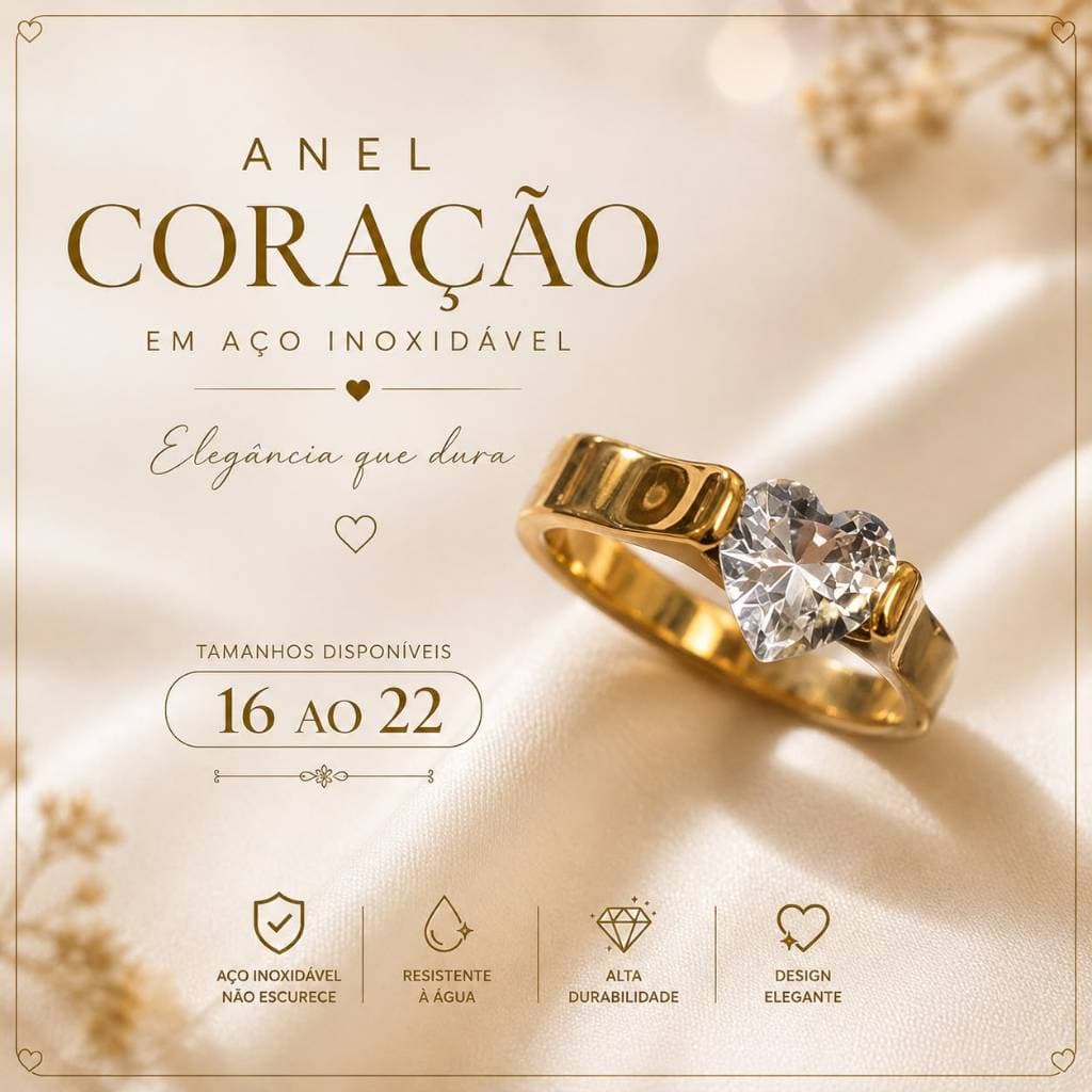 Anel Coração Feminino em Aço Inox Dourado – Não Escurece, Pode Molhar | Tamanhos 16 ao 22
