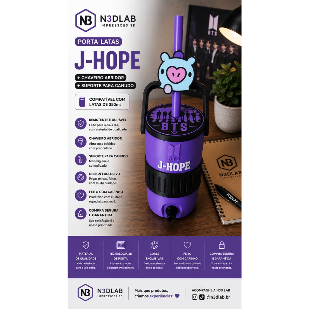 Porta-Latas BTS J-HOPE 350ml com Tampa, Suporte para Canudo e Chaveiro Abridor | Impressão 3D