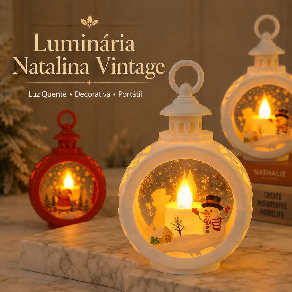 Luminária Natalina Vintage Portátil Sem Fio Luz Quente Decoração de Natal Papai Noel Boneco de Neve