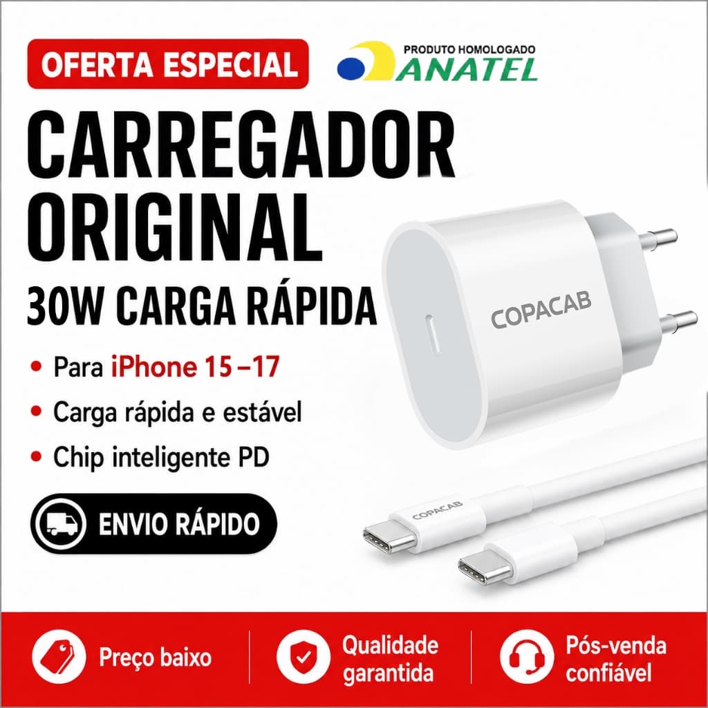 Carregador 30W Fonte USB‑C + Cabo Trançado Compatível com iPhone 15 16 17 iPad Carregamento Rápido