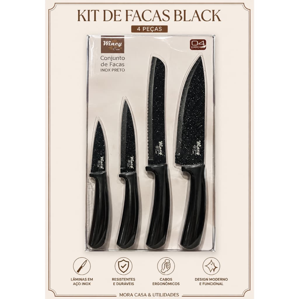 Kit Jogo de Facas 4 Peças Cozinha Aço Inox Faca Chef Pão Utilitária e Descascar Casa armário cozinha