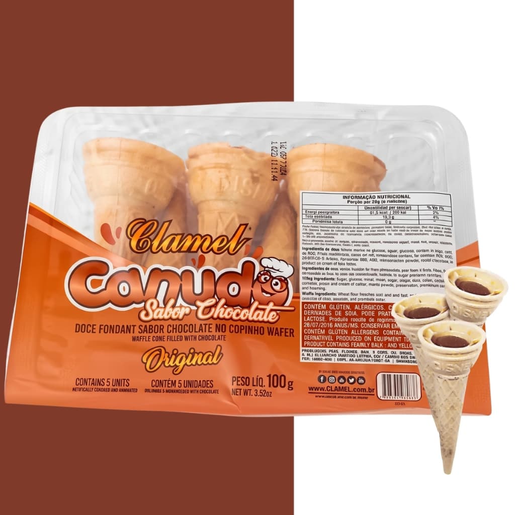 Display Canudo De Leite Sabor Chocolate 100g C/ 5 Unid Casquinha Wafer Doce Clamel