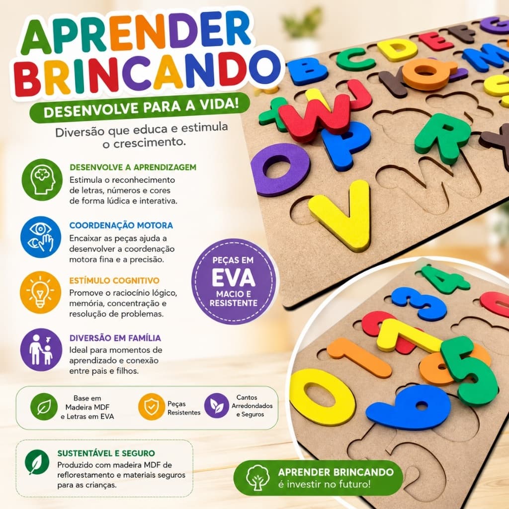 3x Tabuleiros Em Madeira e EVA Pedagógicos Infantil ALFABETO + NÚMEROS + VOGAIS