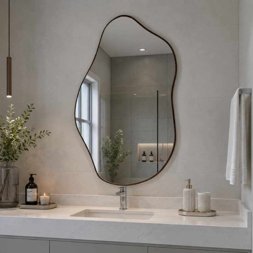 Espelho Grande Orgânico de Parede Moldura Couro Café Banheiro Closet Quarto Sala Dubai A 90 x L 50