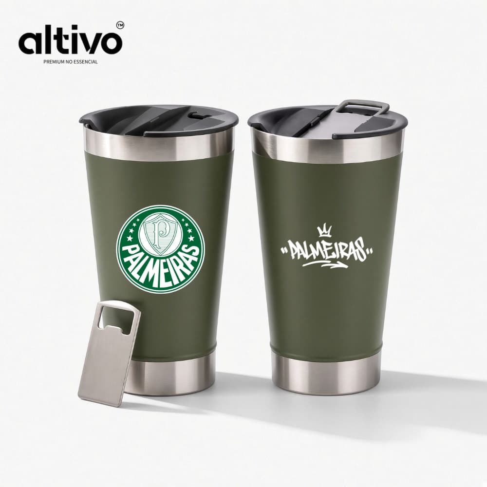 Copo Térmico Sociedade Esportiva Palmeiras Time de Futebol 473ML com Tampa Rosqueável e Abridor em Aço Inoxidável