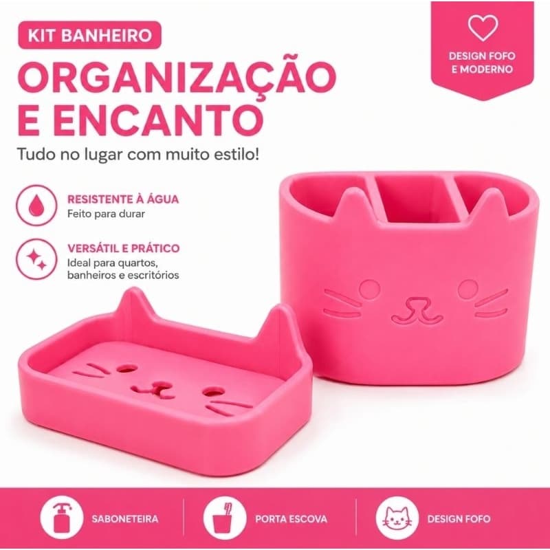Kit Infantil Gatinho Porta Escova de Dentes e Saboneteira com Vazão, Prático, Resistente e Divertido