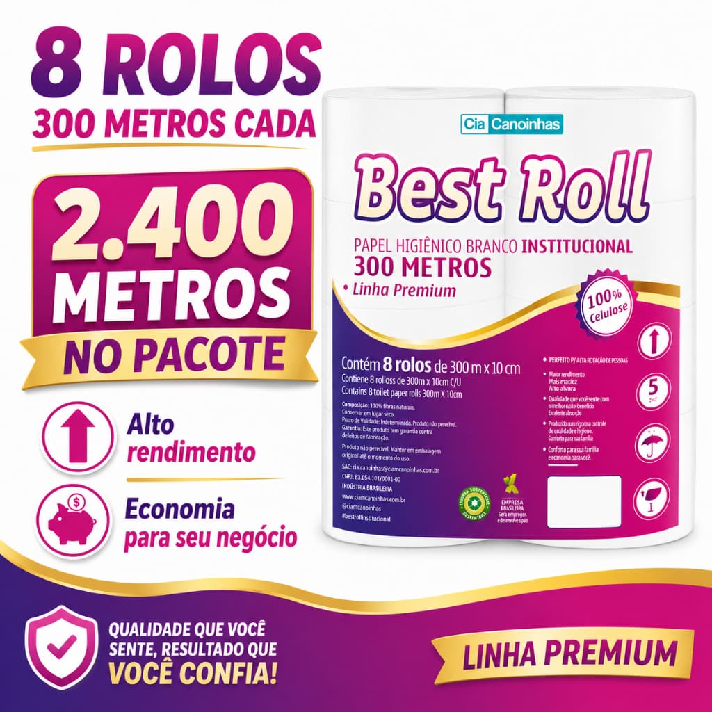 Papel Higiênico Rolão Institucional Best Roll 300m 8 Rolos 100% Celulose