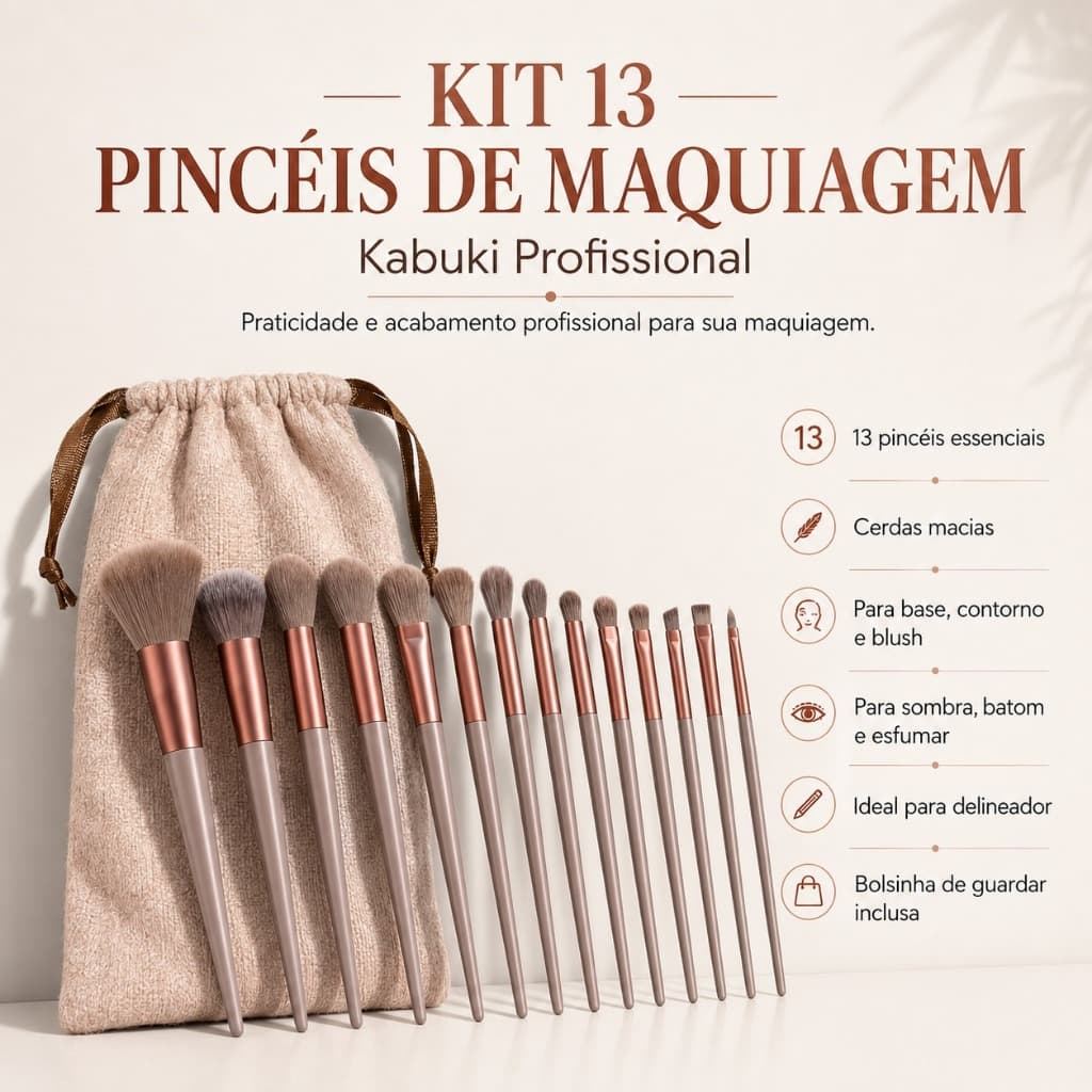Kit 13 Pincéis De Maquiagem Kabuki Profissional Base Contorno Blush Sombra Batom Esfumar Delineador