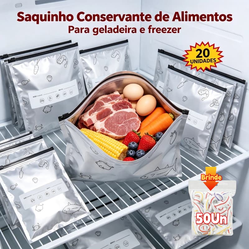 Kit 20 + 50 brindes GRÁTIS Saco Hermético Reutilizável de Alumínio Para Congelar Carnes Frutas Geladeira Freezer