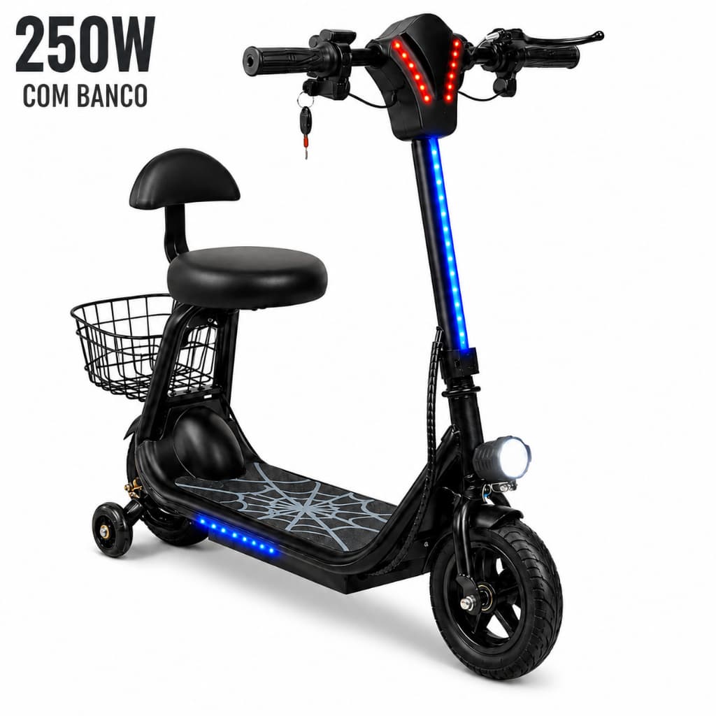 Patinete Elétrico Infantil 250W 25km/h Autonomia 22km com Banco Suporta até 85kg