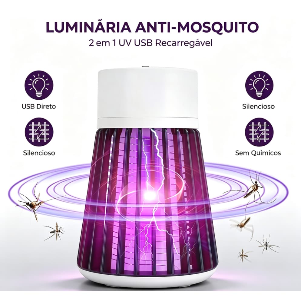 Luminária Anti‑Mosquito 2 em 1 Armadilha Elétrica UV Led Repelente Eletrônico USB Recarregável Silencioso Sem Radiação