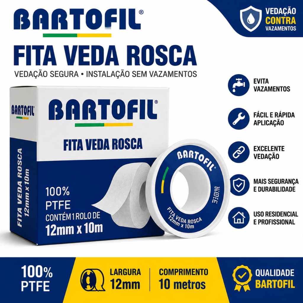 Fita Veda Rosca 12mm x 10m Bartofil PTFE para Torneira Cano Conexão Hidráulica