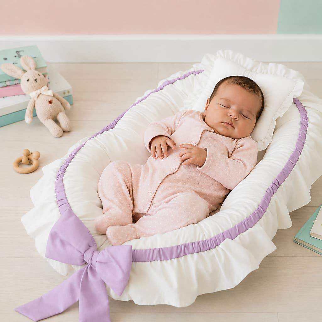 Ninho Redutor De Berço Para Bebe Com Laço E Travesseirinho MENINAS várias cores e temas Branco/Lilas