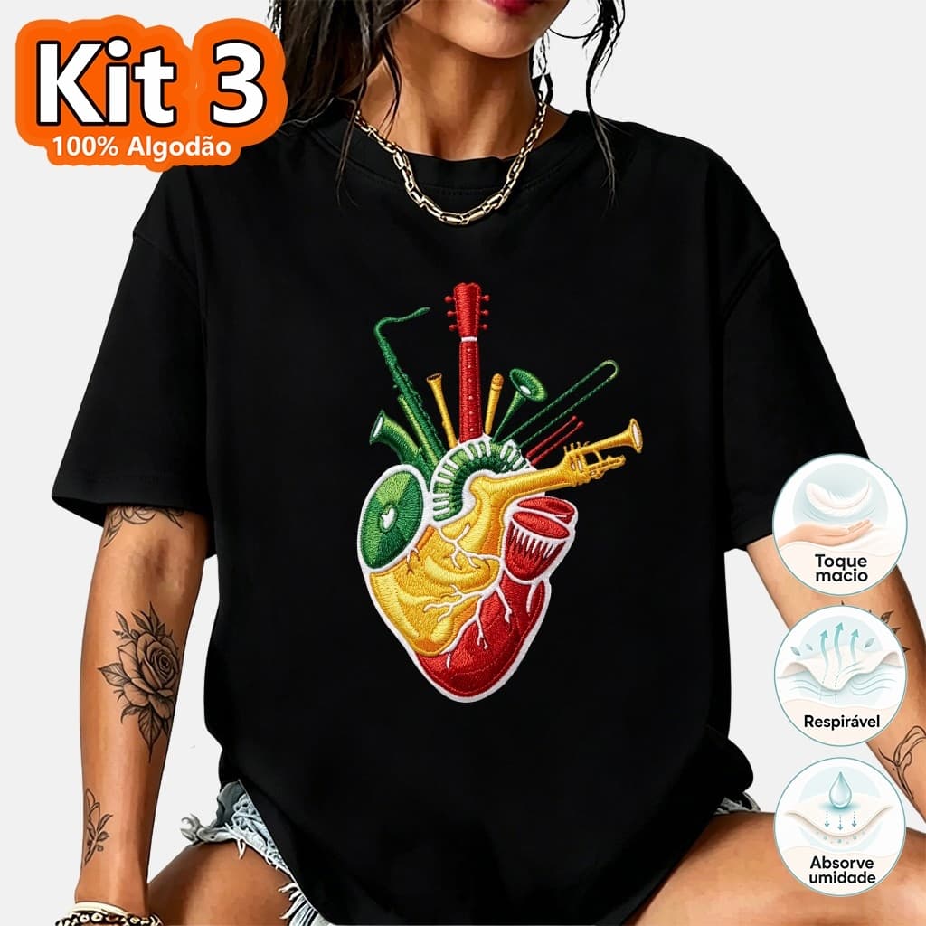 Kit 3 Camisetas Oversized Coração Instrumentos Musicais Estampa Reggae 100%Algodão Camiseta Unissex  Confortável Bordado