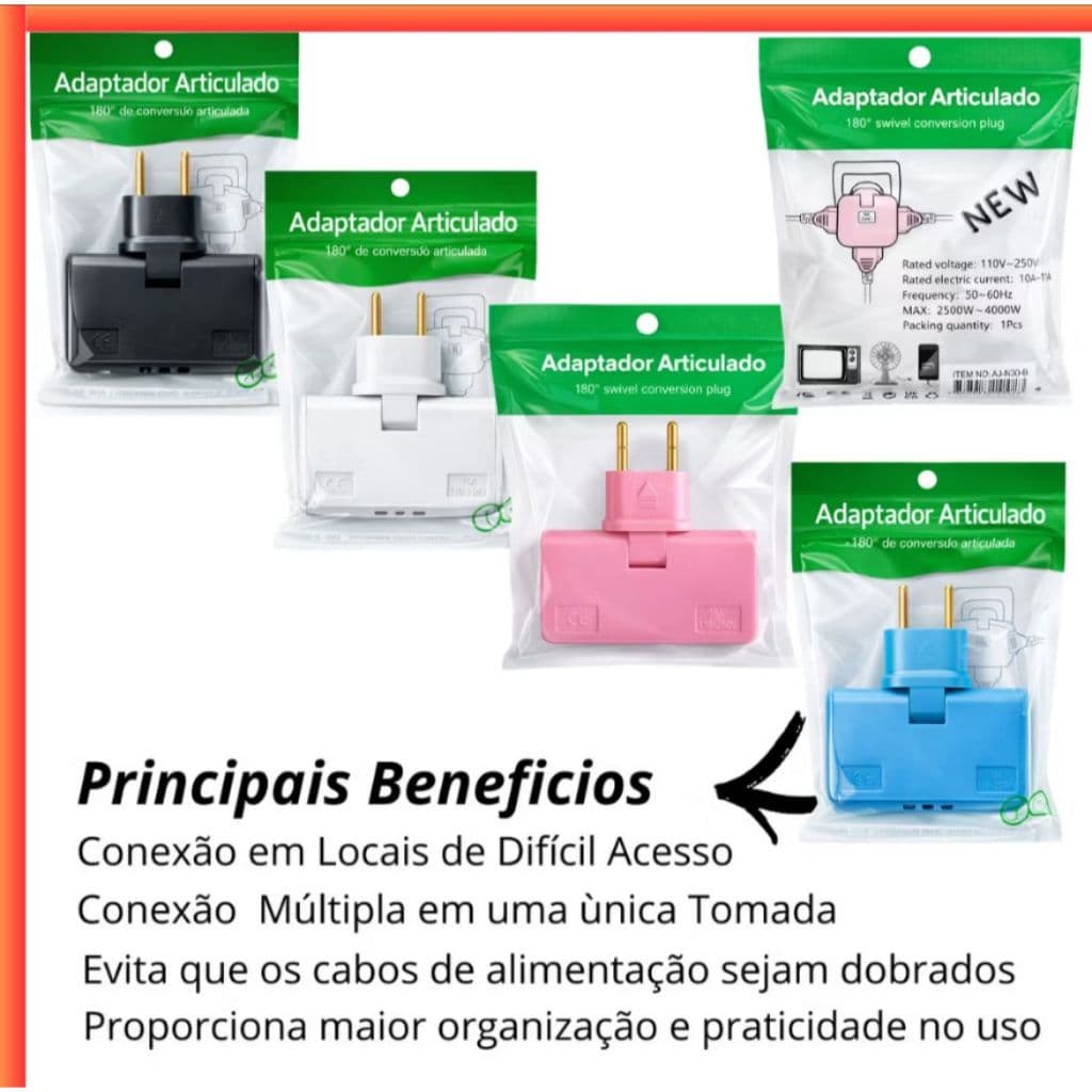 Benjamin Adaptador Articulado Deslocado 10A Bivolt Universal De Tomada Dobrável