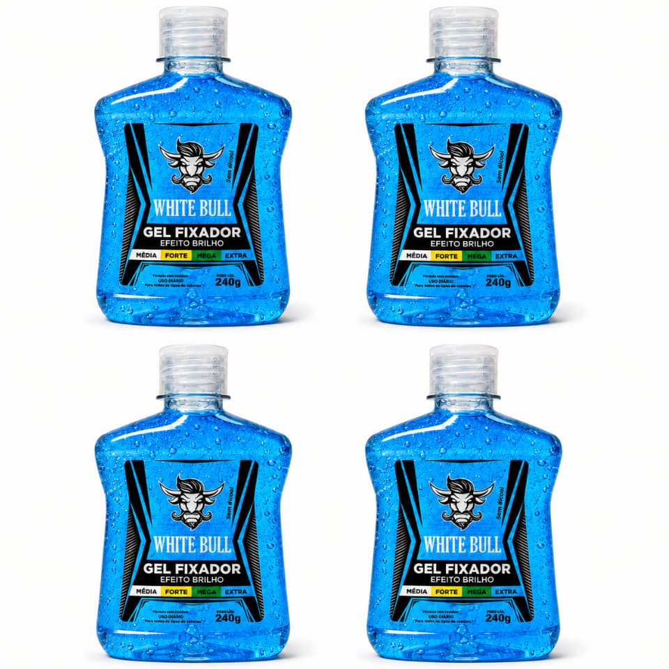 Kit c/ 4 Gel Fixador Extra Forte Efeito Brilho 240g - White Bull Gel de Cabelo Masculino Fixação Extra Forte Brilho