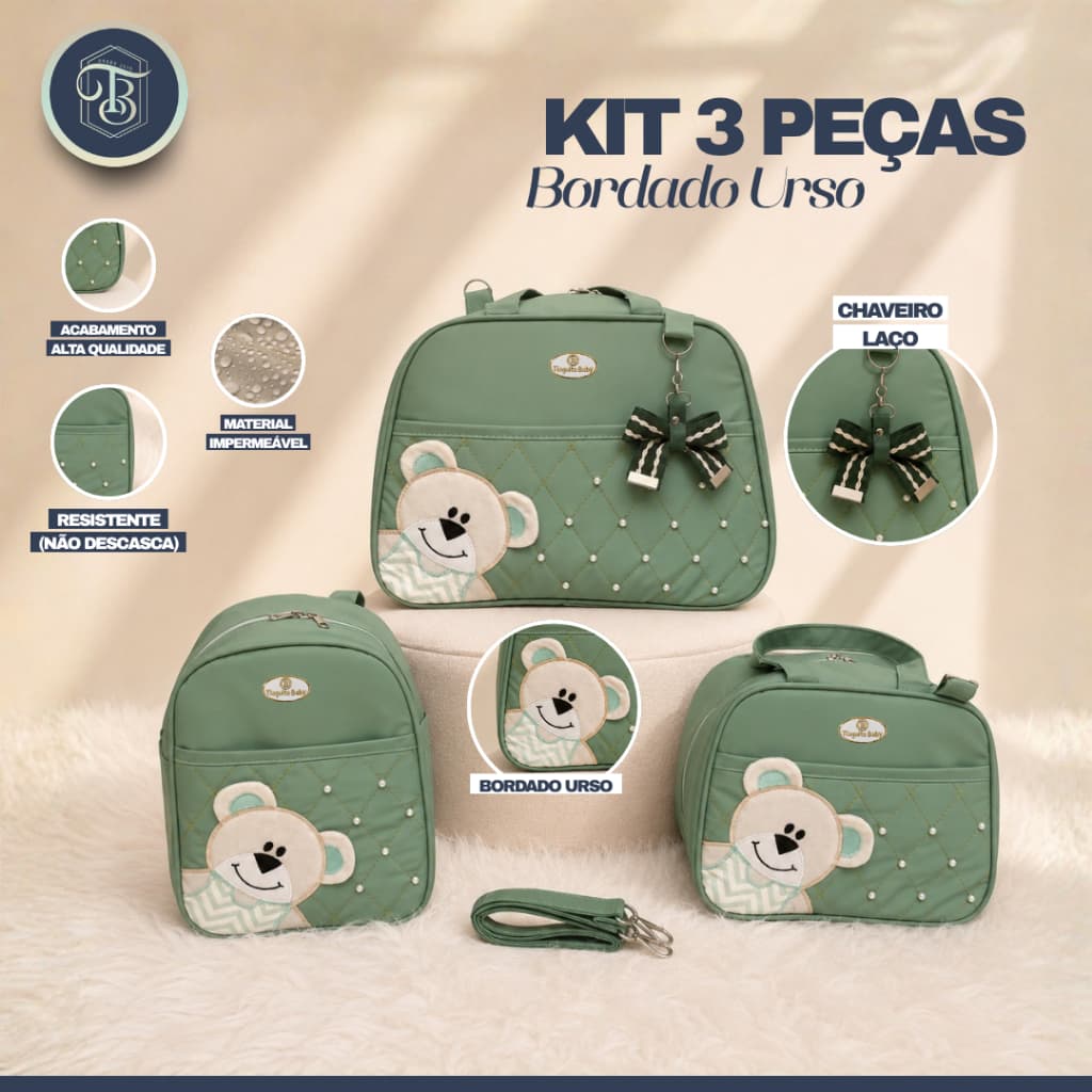 Kit Bolsa de Bebê Urso de Lado 3 Peças (Verde Claro)