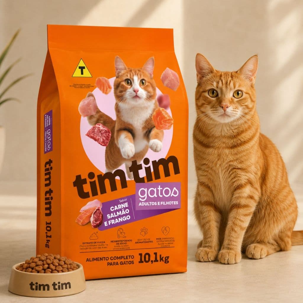 Ração Gatos Tim Tim 10,1kg Carne Salmão Frango Adultos e Filhotes