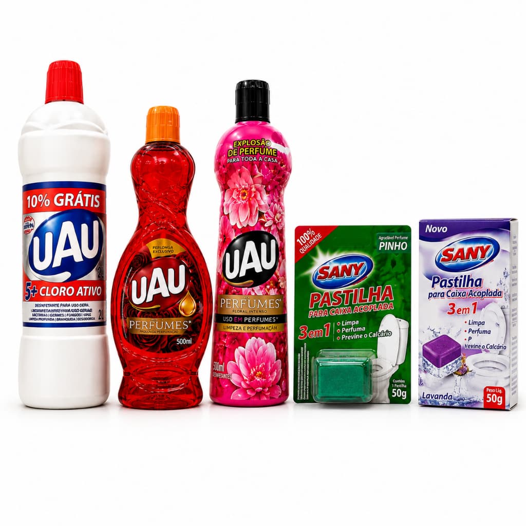 Kit UAU Casa Limpa 5 Produtos Cloro Ativo Limpador Perfumado Gel Adesivo Marine Pastilha