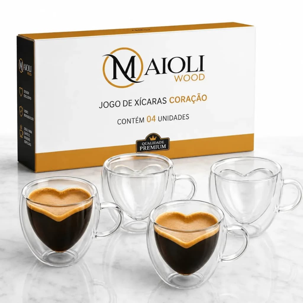 Jogo 4 Xicaras De Vidro Coração Parede Dupla Maioliwood Transparente Cafe Chá 90 Ml