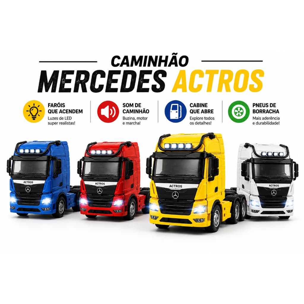 Caminhão Miniatura 1:50 Mercedes-Benz Actros Mini Trucado Som e Luz | Cabine Basculante |Fricção Colecionável