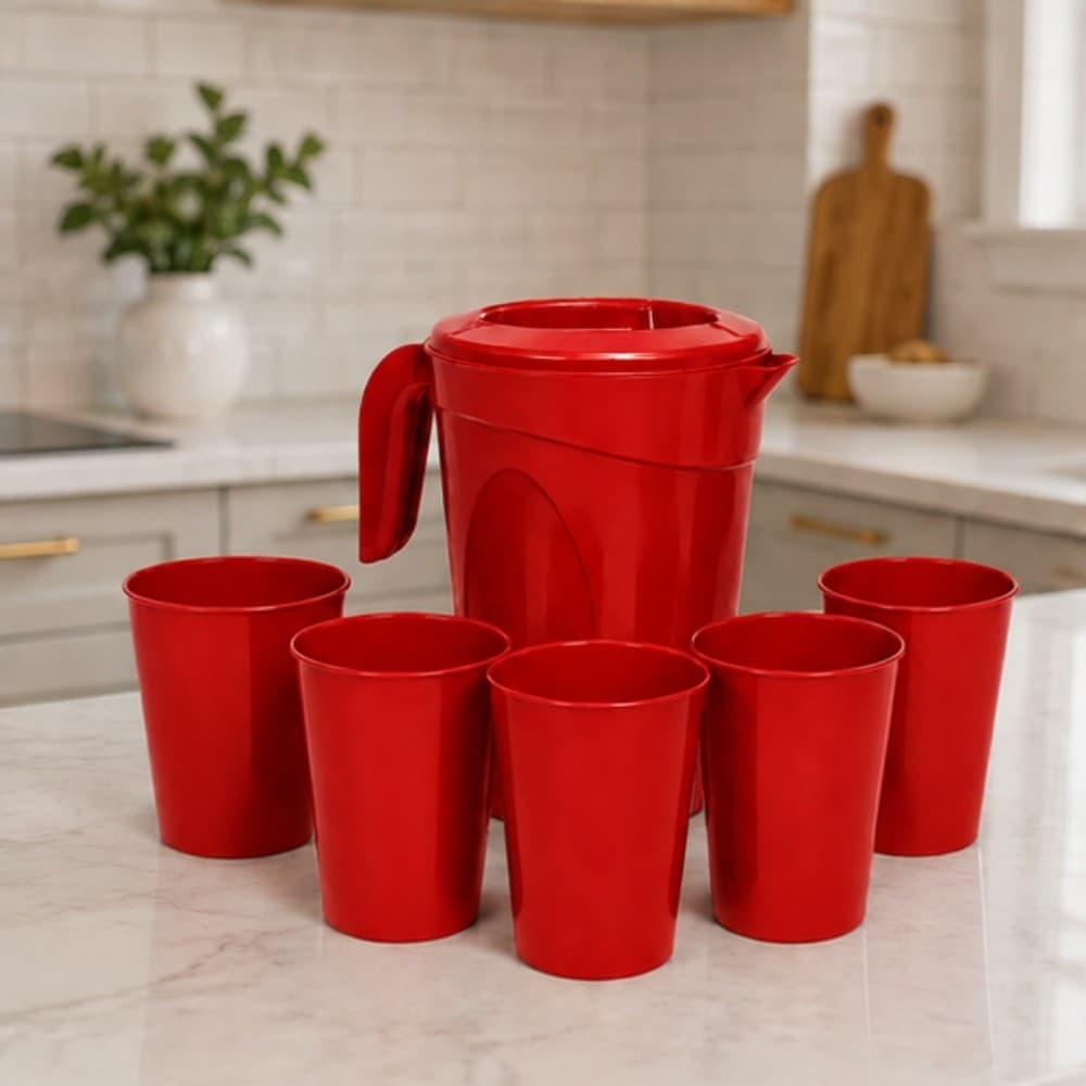 Kit Jarra de Água e Suco Com 5 Copos 400ml Plástico Colorido Vermelho