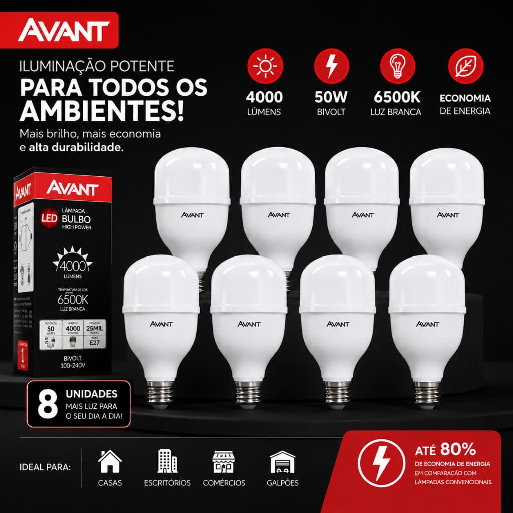 Kit 8 Peças Lâmpada Bulbo LED 50W Alta Potência Luz Branca
