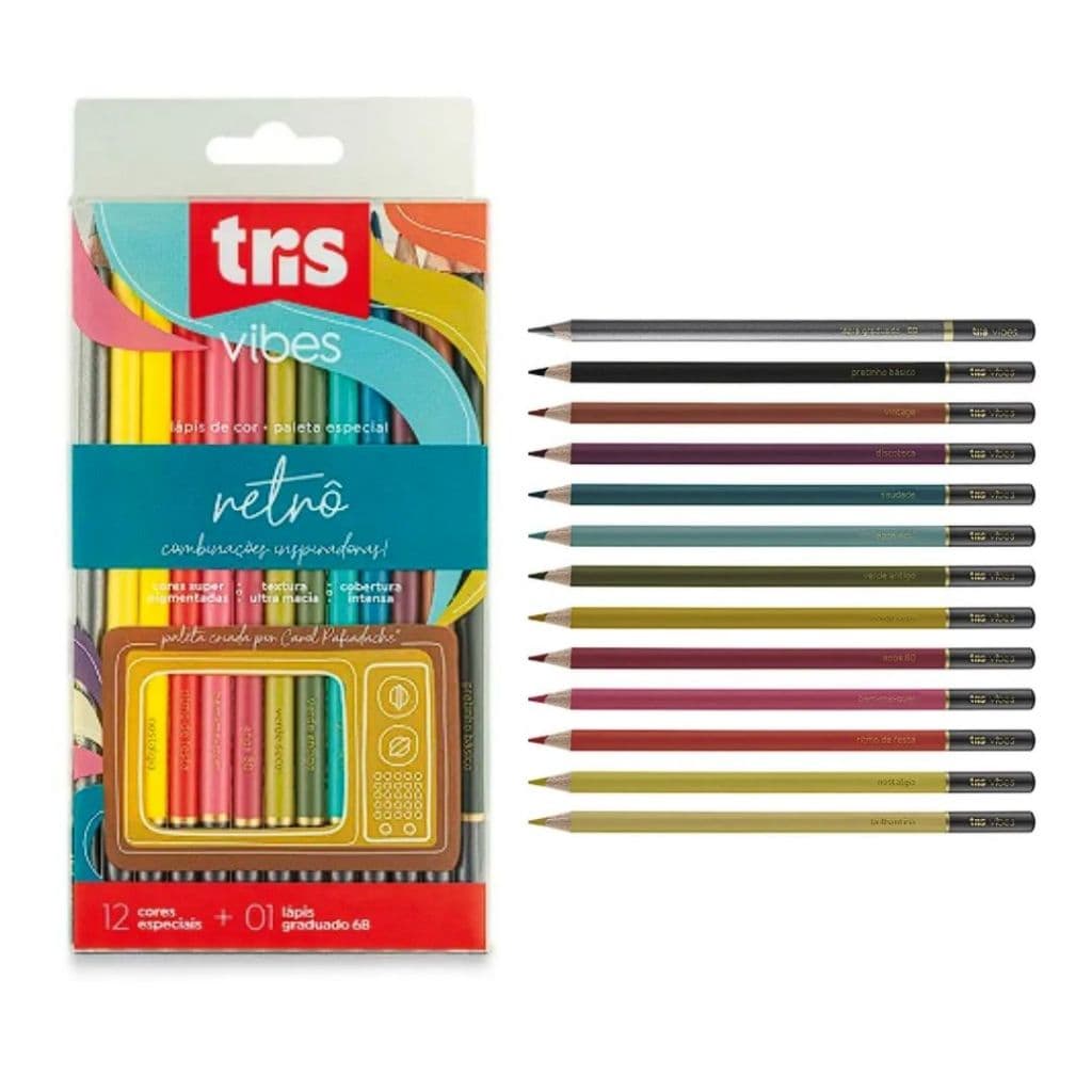 Lapis De Cor Tris Vibes Tons Retro 12 Cores E 1 Lapis Grafite 6B Soft Macio Desenho