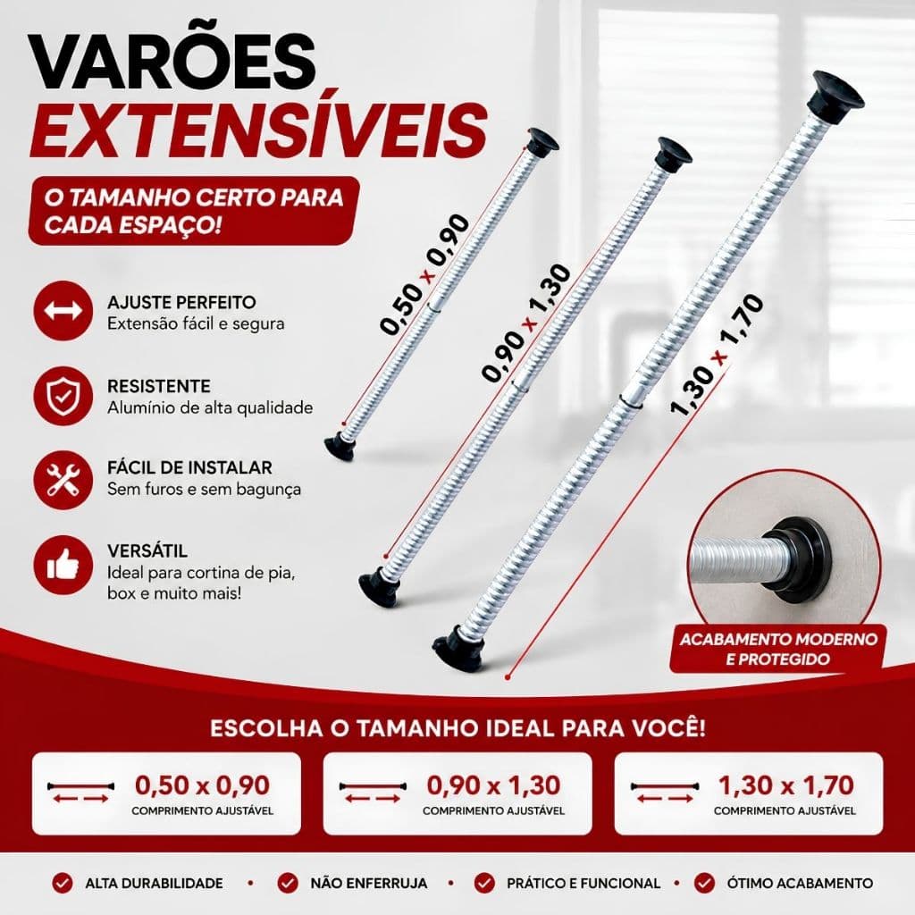 Varão Cortina Extensível Box Banheiro sem furo em Alumínio até 170cm