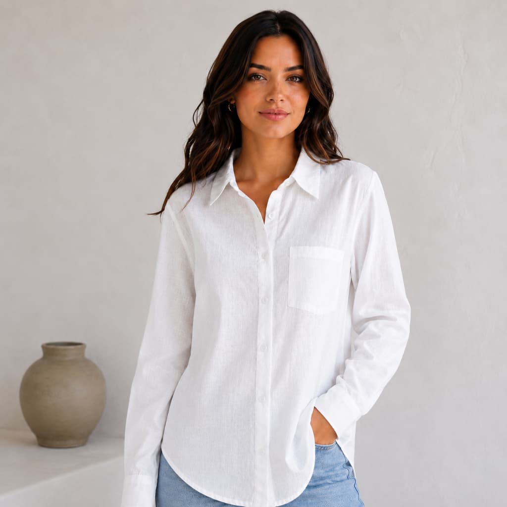 Camisa Social Feminina Manga Longa Em Linho Com Modelagem Solta E Gola Clássica Com Botões