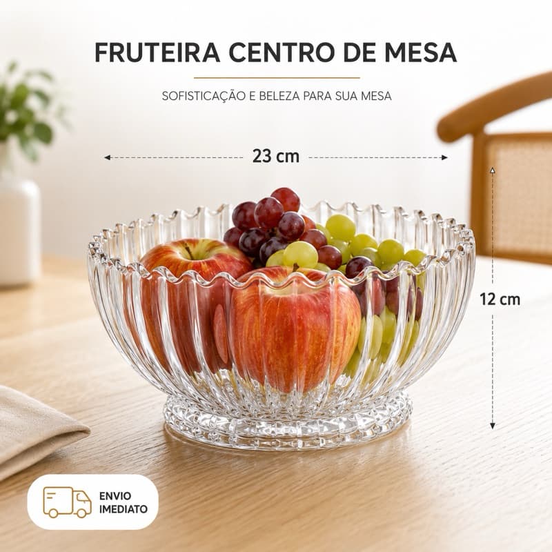Fruteira de Vidro Lapidado Redonda Geneva Centro de Mesa 12x22cm Grande Fruteira Vidro Translúcido