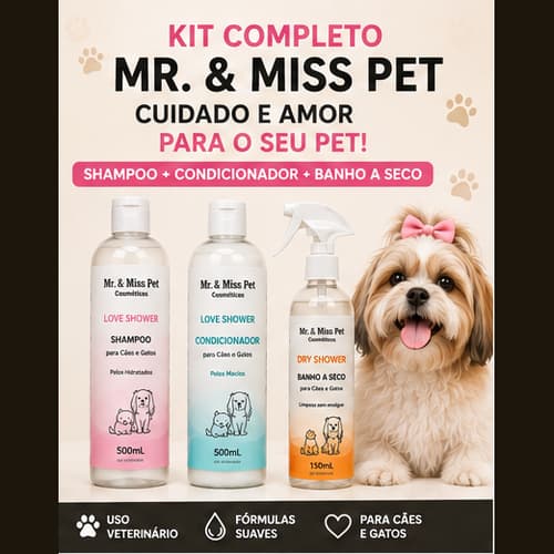Kit Banho Pet Shampoo Condicionador Banho Seco Caes Gatos 500ml