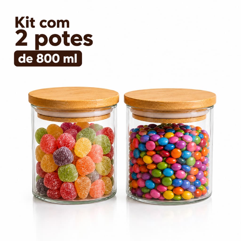 Kit Potes de Vidro Hermético 800 ML com Tampa de Bambu para Mantimentos Organização da Cozinha Resistente Redondos