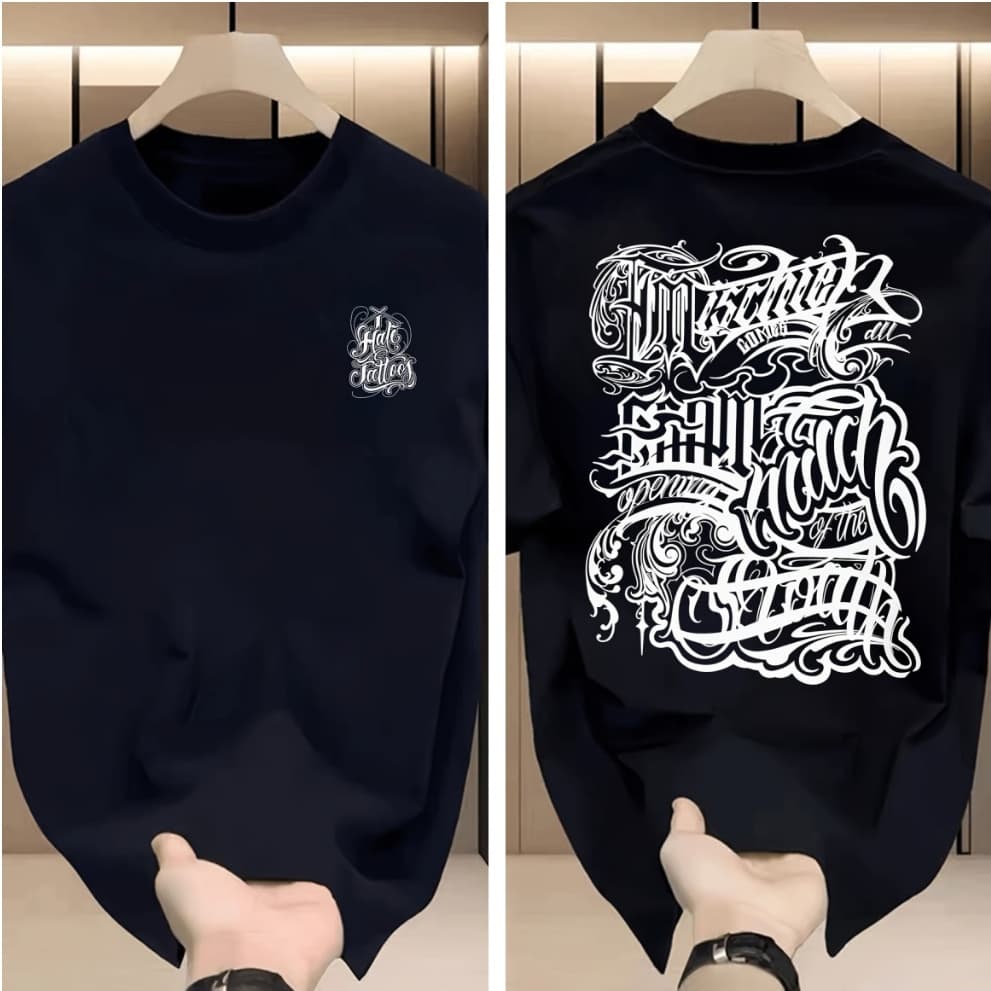 Camiseta masculina de algodão puro, manga curta, estampa caligráfica estilosa, design gótico moderno