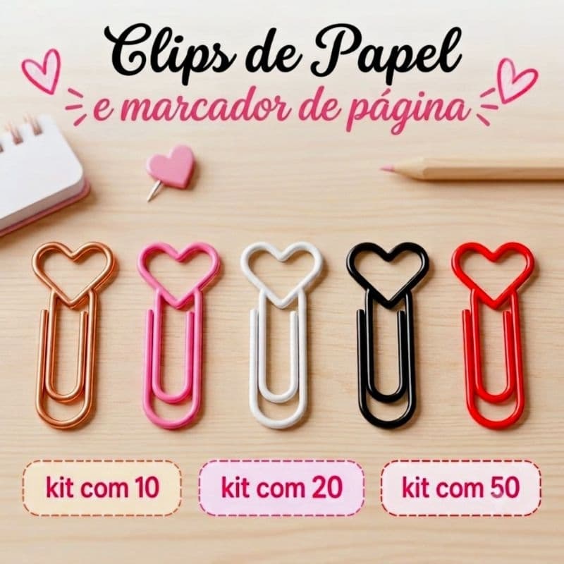 Kit Clips para Papel de Coração 3D - Marcador de página - Papelaria Criativa e personalizada - Escritório - 10, 20 e 50