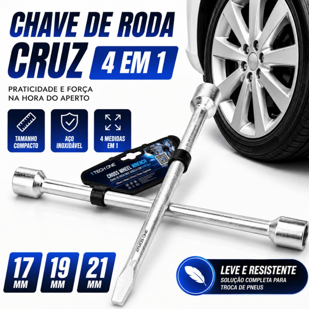 Chave De Roda Cruz Tech One 17mm 19mm 21mm Com Espátula Universal Para Carro Aço Reforçado Emergencial