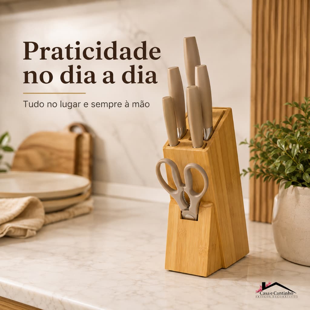 Cepo Suporte Organizador de Faca Tesoura Utensílios de Cozinha Faqueiro de Bancada Bambu Anti Fungos