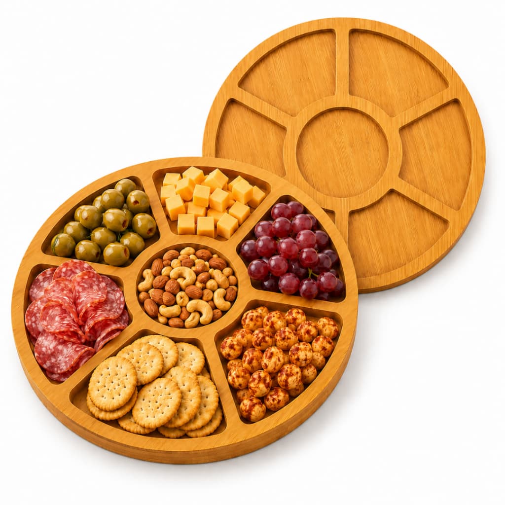 Tábua de Petiscos Roda Tipo Bambu 7 Divisórias MDF 29cm Churrasco Festa Aperitivo